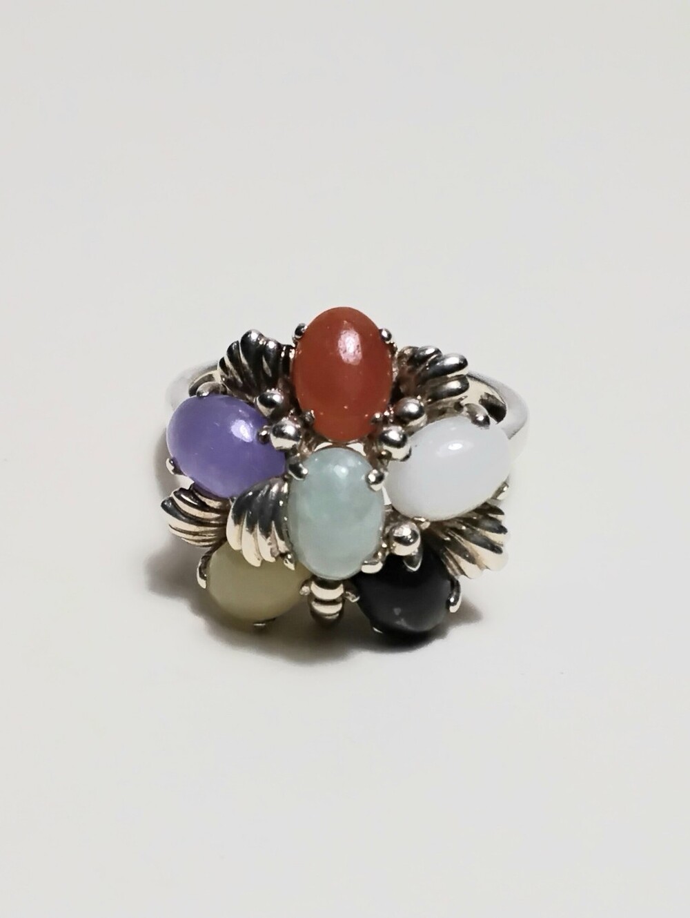 Vintage 925 Silver Jade Cluster Ring Sz 9